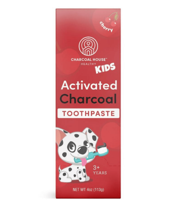 childrens cherry charcoal toothpaste box front